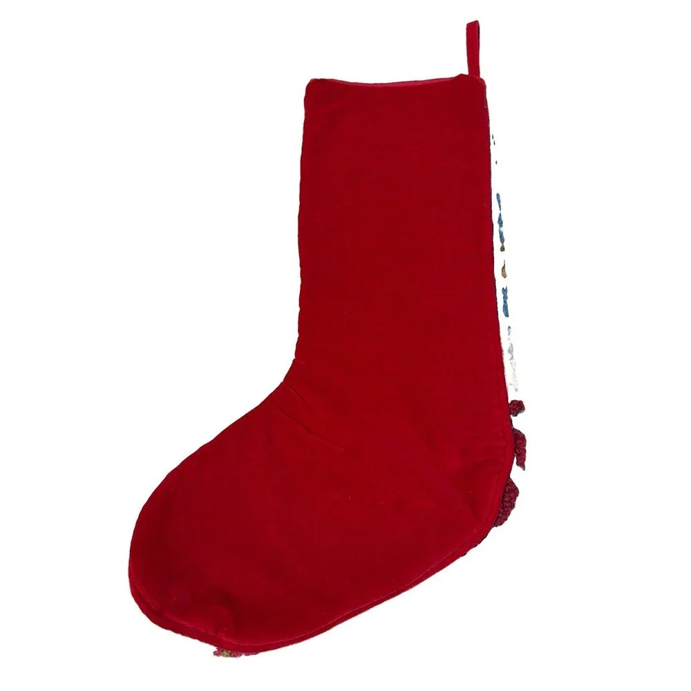 Vtg Wool Velvet Needlepoint Christmas Stocking Santa Chimney 11 X 18” Whimsical